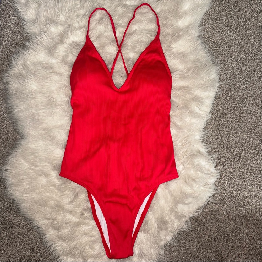 Sunny Co Swim Pamela Ribbed Strappy Deep V-Neck Red One-Piece Swimsuit Size M